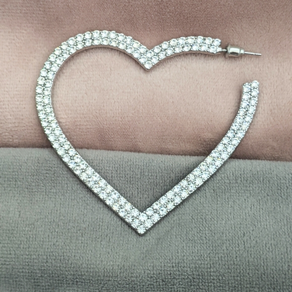 Earrings Hoop Earrings Big Hearts Shiny Crystal Rhinestone Silver Tone - Picture 11 of 12